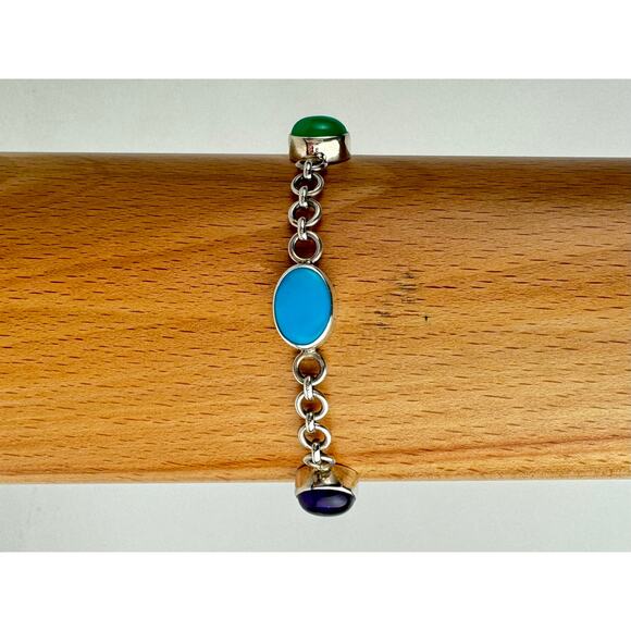 Amethyst Black Onyx Turquoise Chrysoprase Lapis Lazuli Sterling Bracelet - Picture 2 of 7